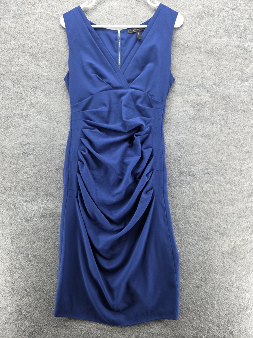 BCBGMAXAZRIA Dress Womens 6 Blue Depth Alysee Ruched Sheath Sleeveless V Neck